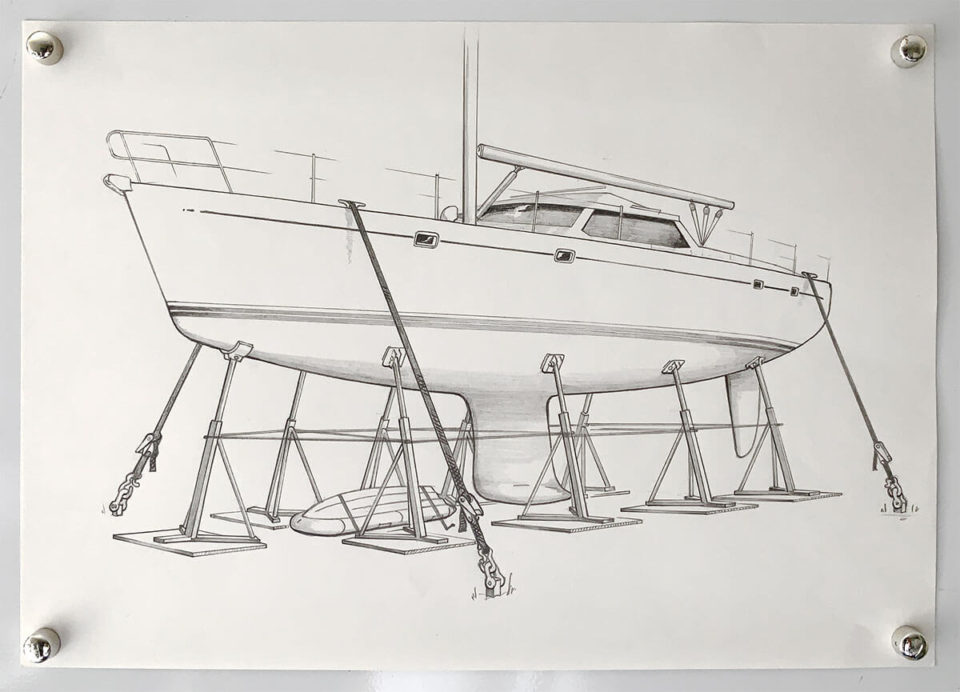 A yacht secured ashore ready for hurricane season - Illustration by Paul Traies