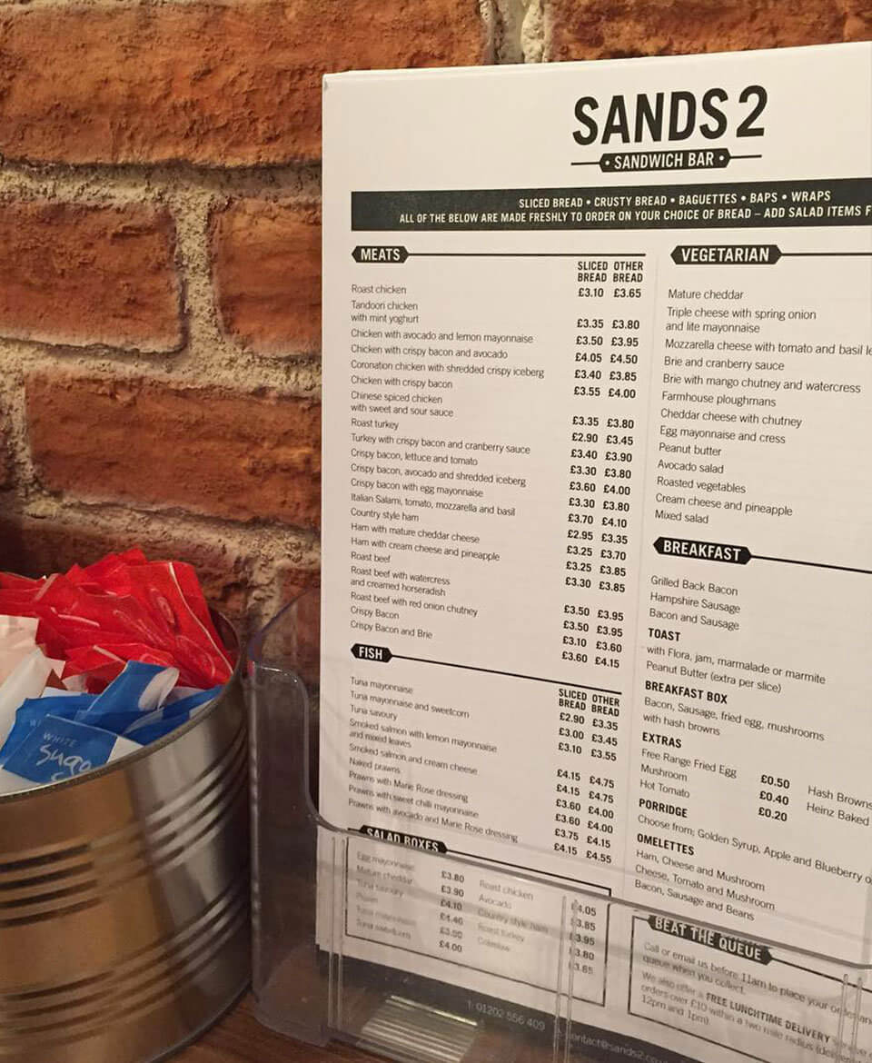 Sands2 Sandwich Bar Menu