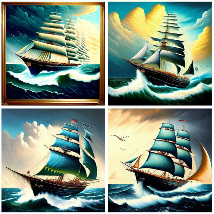Images AI - A 30 foot sailing yacht on a rough ocean with stormy skies, baroquelike