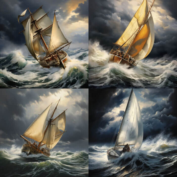 Midjourney - A 30 foot sailing yacht on a rough ocean with stormy skies, baroquelike
